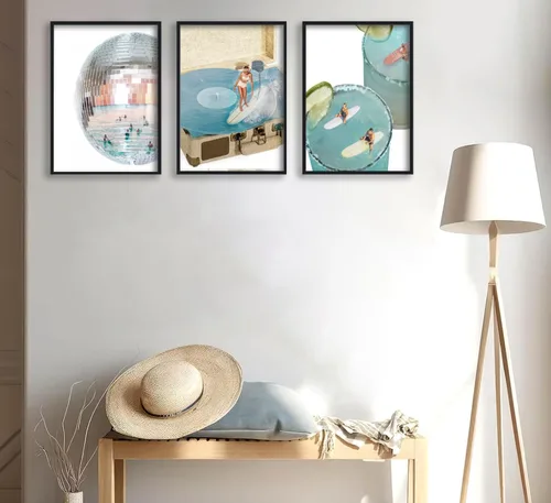 Miniatura 9 de 3 piezas de lienzo azul de moda preppy arte de pared retro de bola de discoteca estética bar carro póster impreso ilustraciones azul costero niña