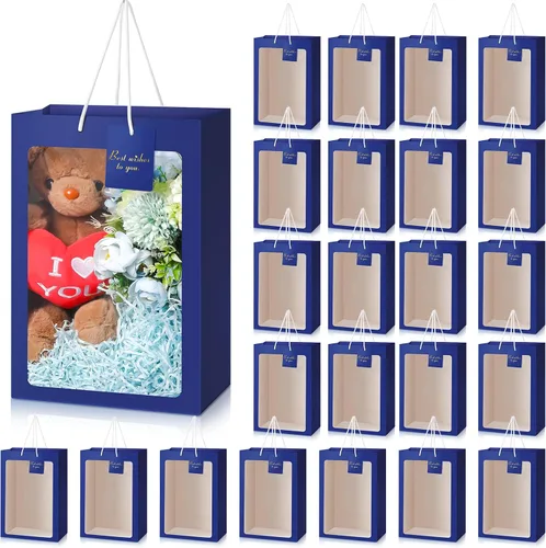Miniatura 9 de Yahenda - 24 bolsas de regalo grandes con ventana transparente de 13.8 x 9.8 x 5.9 pulgadas, bolsas de papel transparente para ramo de flores
