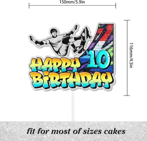 Miniatura 2 de Decoración de pastel de patineta retro hip hop, temática musical de décimo cumpleaños, decoración de grafiti feliz para niños y niñas, decoración