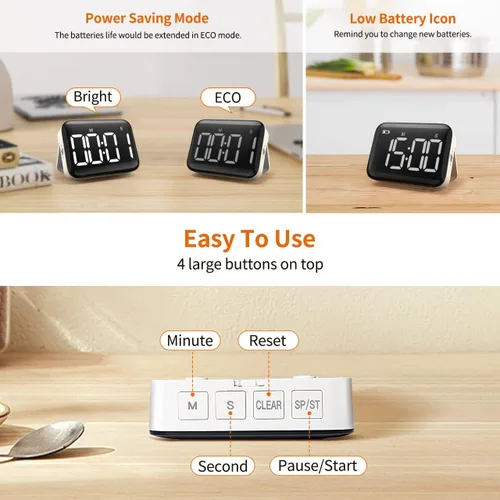 Miniatura 5 de VOCOO - Temporizador magnético de cocina para cocinar con cuenta regresiva ascendente y descendente, temporizador digital con batería y pantalla