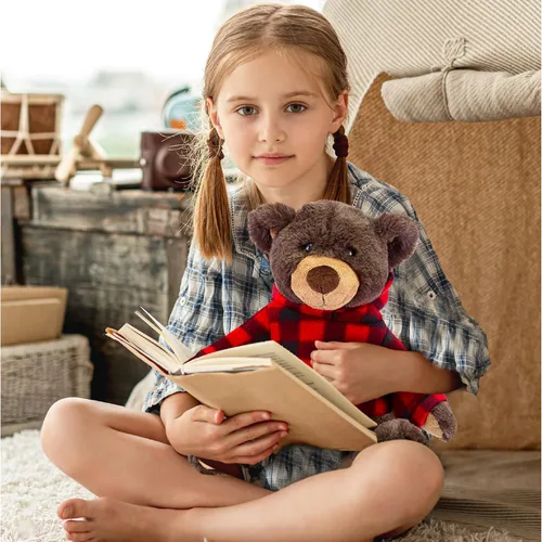 Miniatura 7 de DolliBu Oso marrón de felpa con capucha a cuadros rojos, oso suave y abrazable, adorable peluche de oso marrón del zoológico, bonito regalo