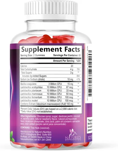 Miniatura 9 de Nature's Nutrition Gomitas probióticas para mujeres con arándano, 6 cepas premium para el equilibrio del PH, salud digestiva, apoyo vaginal e