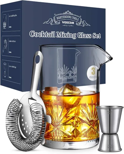 Vaso mezclador de cóctel, kit de barman de cristal de 18 onzas, juego de cóctel de 3 piezas con colador, jigger, herramientas de bar, juego de