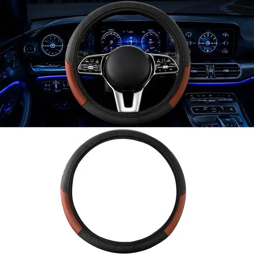 Miniatura 9 de Funda para volante de automóvil, microfibra de fibra de carbono de 15 pulgadas, antideslizante, transpirable, protector elástico para volante