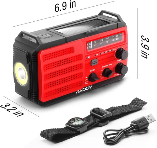 Miniatura 8 de Batería de 37000 mWh: radio de emergencia Raddy SW10, manivela solar, radio AM FM NOAA con linterna de batería recargable, brújula de alarma SOS