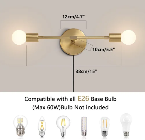Miniatura 2 de KCO Lámpara de pared dorada con 2 luces para tocador de baño, luz de lectura de pared de latón, moderna de mediados de siglo, para pasillo, sala