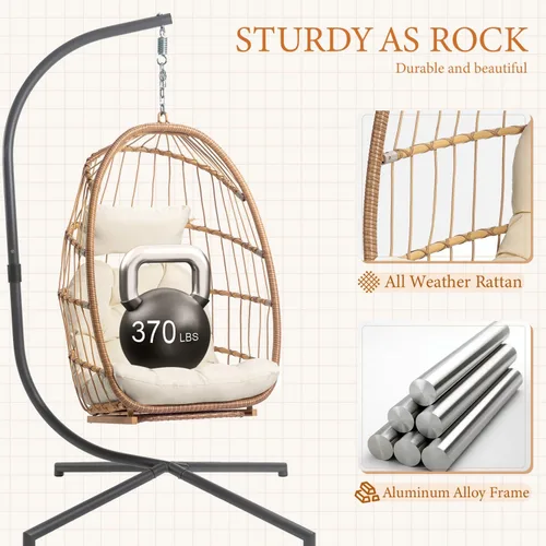 Miniatura 4 de Silla colgante de huevo con soporte y reposapiés para interiores y exteriores, sillas de huevo de patio, silla hamaca de mimbre, marco de acero