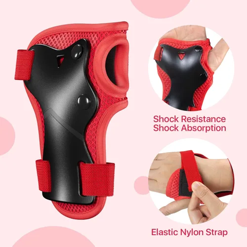Miniatura 3 de Rodilleras para niños, rodilleras y coderas, conjunto de equipo de protección para niños y niñas con protectores de muñeca 3 en 1 para patinaje, Rojo