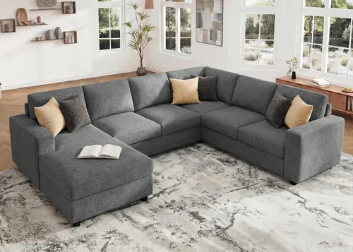 Miniatura 17 de HONBAY Sofá modular de pana con almacenamiento en forma de L para sala de estar, sofá seccional de 6 plazas, color beige