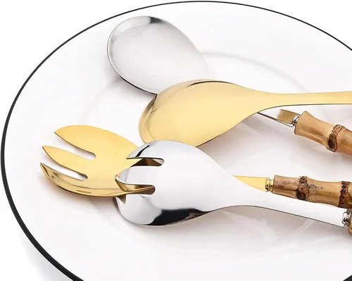 Miniatura 4 de Juego de 4 utensilios para servir con mango de bambú, cuchara larga de acero inoxidable 304, tenedor para cocina, bufé, restaurante, boda, fiesta