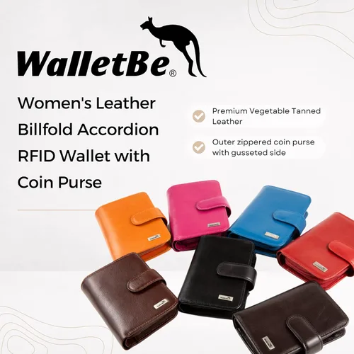 Miniatura 2 de Billetera de cuero para mujer con acordeón RFID con monedero, Naranja, Contemporáneo