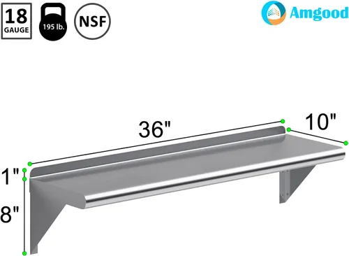 Miniatura 3 de AmGood Estante de pared de acero inoxidable de 36 pulgadas de largo x 10 pulgadas de profundidad Certificado NSF Estantería de metal