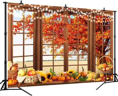 Miniatura 7 de Fondo de ventana de otoño para el día de Acción de Gracias, calabaza, hojas de árbol de arce, decoración de fiesta temática, cosecha de calabaza