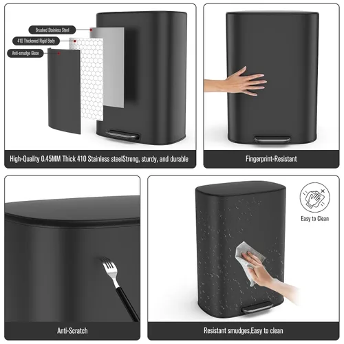 Miniatura 4 de Bote de basura negro de 13 galones con pedal de metal de acero inoxidable para cocina con tapa, cierre suave y silencioso, bote de basura grande