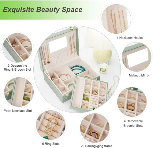 Miniatura 2 de Zumier Joyero organizador portátil para mujeres y niñas con piel sintética, caja organizadora de aretes con espejo de maquillaje para cumpleaños