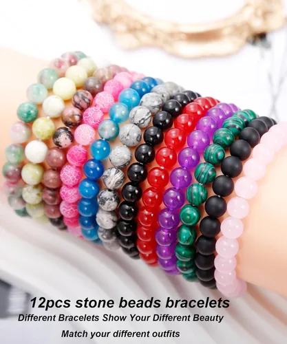 Miniatura 6 de BOMAIL Juego de 12 pulseras de piedras semipreciosas de 0.315 pulgadas (0.315 in), pulseras elásticas de cristal curativo para mujeres y hombres