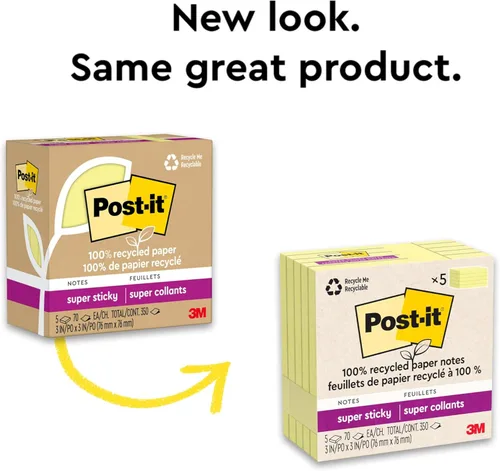 Miniatura 9 de Post-it Notas súper adhesivas de papel 100% reciclado, amarillo canario, 3 pulgadas x 3 pulgadas, 5 blocs de notas adhesivas, 70 hojas por bloc