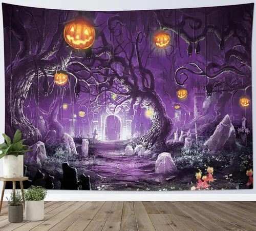 Miniatura 2 de EOBTAIN Tapiz de Halloween espeluznante calabaza y murciélago en árbol muerto en bosque morado de terror, tapiz de pared de cementerio gótico