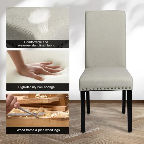 Miniatura 7 de Juego de 2 sillas de comedor tapizadas, sillas Parsons de tela con patas de madera maciza, ribete de cabeza de clavo, asiento acolchado, sillas
