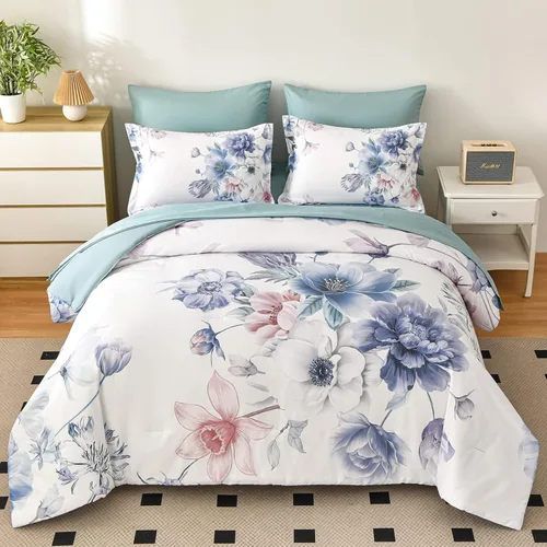 Miniatura 8 de Juego de edredón para cama Queen, juego de cama de 7 piezas en una bolsa, de microfibra suave, patrón floral de hojas negras sobre blanco