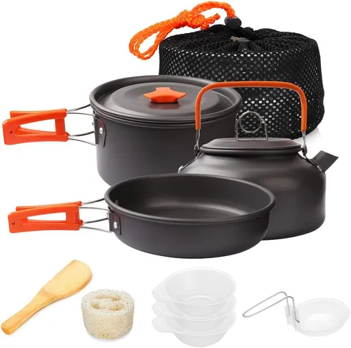 Gutsdoor Juego de utensilios de cocina para camping, utensilios de fogata, equipo de cocina antiadherente, ligero, apilable, tazones con bolsa de