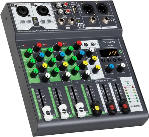 BF4+ Mini mezclador de audio y DJ, sistema de consola de tablero de sonido, 4 canales de 48 V Phantom Power con Bluetooth USB MP3 estéreo DJ en vivo