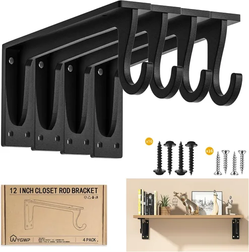 Miniatura 8 de Soportes para barra de armario, soporte resistente de 400 libras, soportes de estante de armario con soporte para barra para armario, baño y cocina