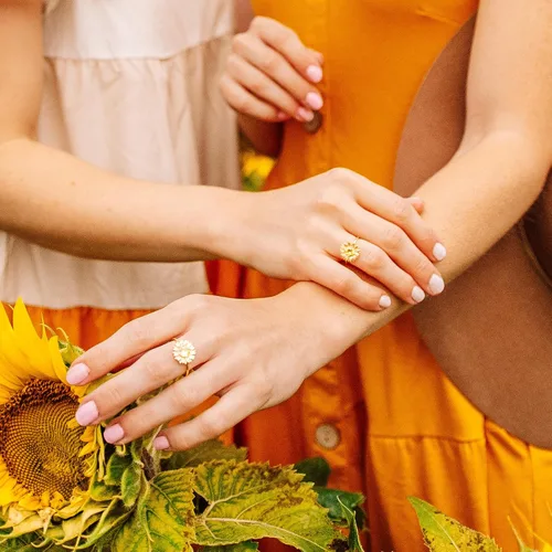 Miniatura 6 de STORYJEWELLERY Anillo de girasol, anillos chapados en oro de 18 quilates para mujer, anillo de flores, anillos de verano, joyería de girasol