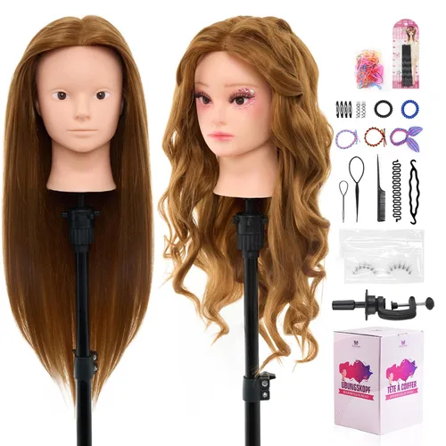 Miniatura 11 de 100% cabello humano de maniquí, cabeza de maniquí de cabello real de 18 pulgadas, cabeza de muñeca de maniquí de cosmetología para peinar
