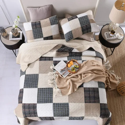 Miniatura 2 de SahSahCasa Juego de edredón tamaño King, juego de edredón de 100% algodón, colcha de retazos, colcha rústica ligera a cuadros para cama King, beige