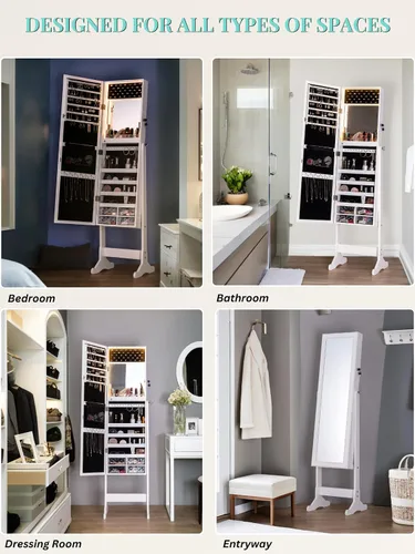 Miniatura 25 de LUXFURNI Armario de joyería con luz LED, espejo de pie, organizador de almacenamiento grande con cerradura y cajones (blanco)