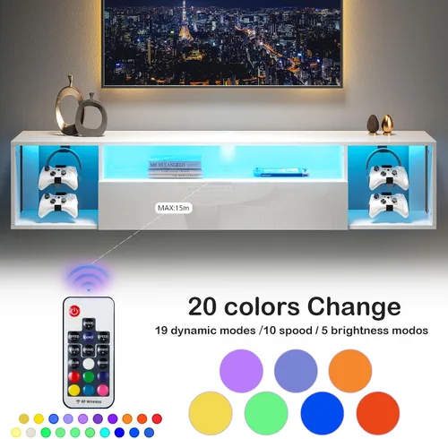 Miniatura 4 de soges Soporte de TV flotante con luces LED, estante de televisión para TV de 43 pulgadas, consola multimedia montada en la pared con ganchos