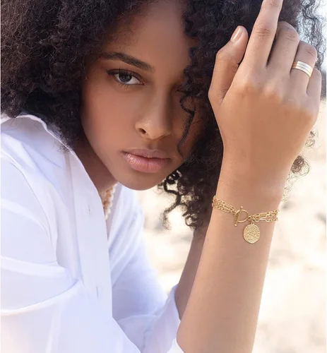 Miniatura 2 de PEARLADA 18k Gold Chain Layerd Bracelet Coin Charm Toggle Bracelet Trendy Cubic Zirconia Jewelry