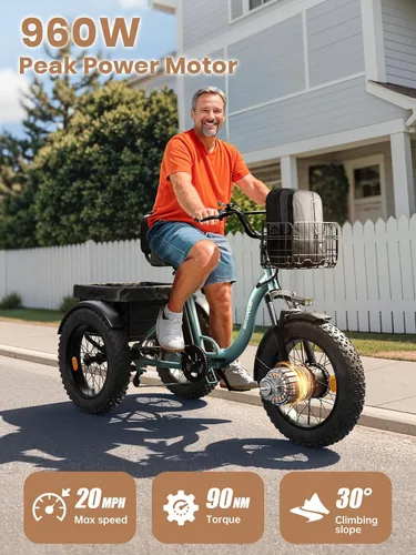 Miniatura 3 de QRONGE Triciclo eléctrico para adultos de 960 W pico, batería de 36 V 15 AH Ebike de 50 millas de alcance con canasta trasera grande, neumático