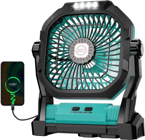 Miniatura 9 de Ventilador de camping recargable, ventilador portátil con batería de 20000 mAh con luz LED y gancho, 4 velocidades ajustables a 270°, esenciales