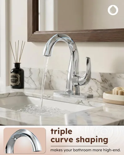 Miniatura 3 de WOWOW Grifo de Baño de Una Sola Manija 1 Orificio Arco Alto Grifo de Lavabo de Baño Cromado con Desagüe Pop Up, Latón Sólido Grifo Comercial de Cromo