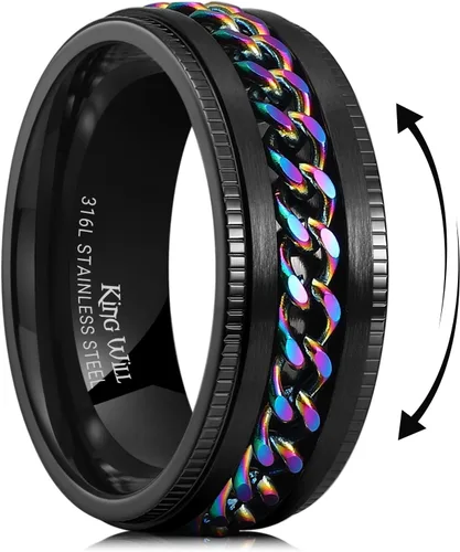 Miniatura 86 de King Will - Anillo antiestrés de acero inoxidable 316L para hombres y mujeres, con cadena decorativa giratoria, 8 mm de ancho, anillo de boda
