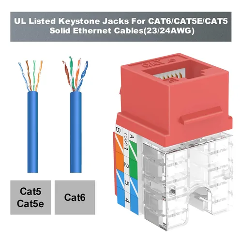Miniatura 2 de VCELINK RJ45 Cat6 Keystone Jacks Slim Profile UL Listed 10-Pack, 90 grados Ethernet Punch Down Keystone Jack Adapter en rojo