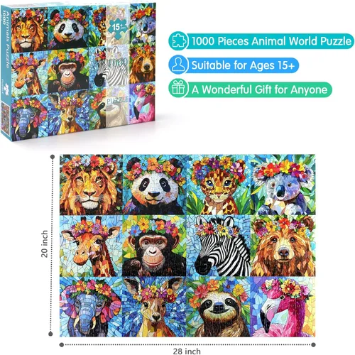 Miniatura 3 de Rompecabezas de 1000 piezas para adultos, rompecabezas de mosaico colorido de vida silvestre, diseño de animales de la selva con flores, perfecto