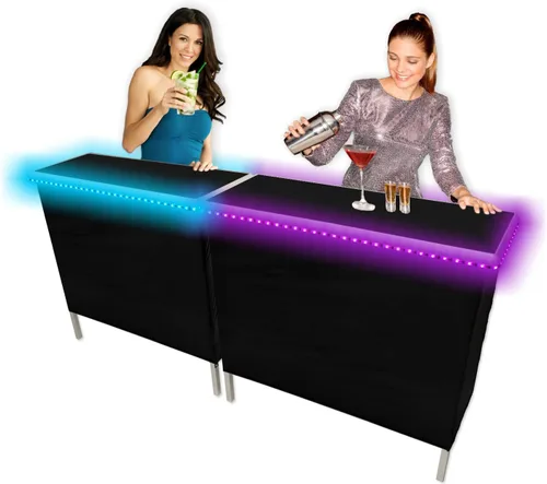 Barra portátil plegable para fiestas con 16 colores de luz LED y control remoto inalámbrico, superficie negra, falda negra y estante de