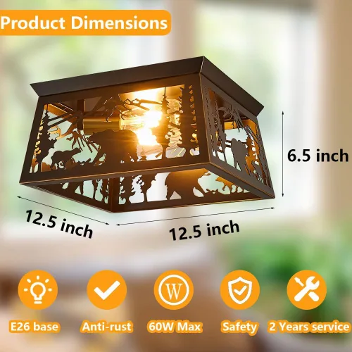 Miniatura 2 de Lámpara rústica, lámpara de techo empotrada de 2 luces, diseño de oso de metal para dormitorio, vestíbulo, entrada, pasillo, montaje en techo