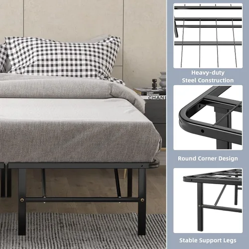 Miniatura 4 de Giantex Marco de cama plegable de metal de 14 pulgadas, montaje sin herramientas, marco de cama plegable resistente con listones de acero