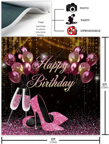 Miniatura 2 de Avezano Telón de fondo de cumpleaños con purpurina rosa y negro para niñas y mujeres, sesión de fotos, pancarta de fiesta de feliz cumpleaños