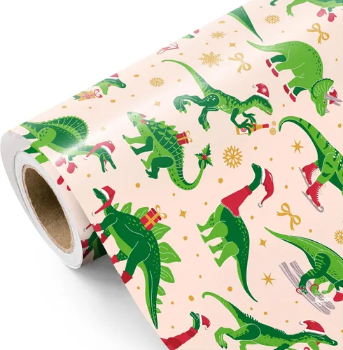 Miniatura 18 de WRAPAHOLIC - Rollo de papel de regalo de dinosaurio - Rollo mini - 17 pulgadas x 33 pies - Papel de regalo de dinosaurio verde, perfecto