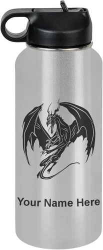 Miniatura 76 de LaserGram Botella de agua con tapa abatible de doble pared de 12 onzas con pajilla, dragón, grabado personalizado incluido (negro)