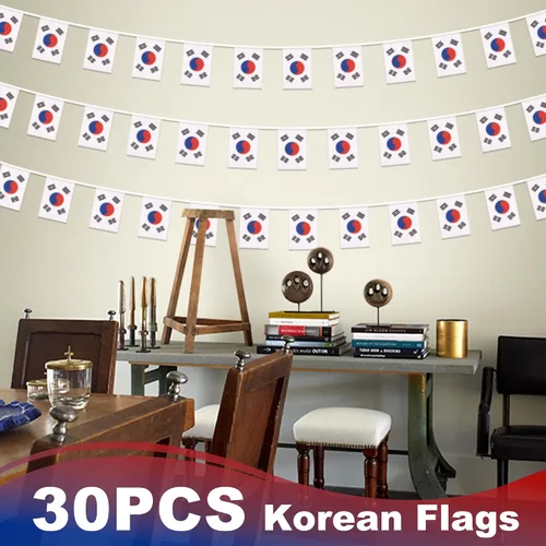 Miniatura 6 de Banderín de bandera de Corea, mini banderas coreanas pequeñas, decoración nacional de país para escuela, fiesta, eventos deportivos, 33 pies 30