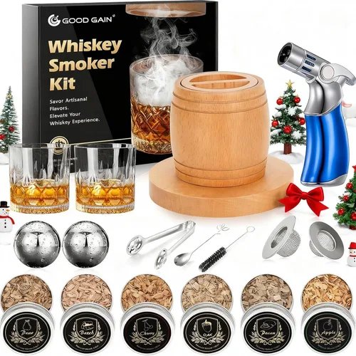 Kit de ahumador de whisky con antorcha, kit de ahumador de cóctel a la antigua moda con chips de madera de 6 sabores, 2 bolas de hielo de acero