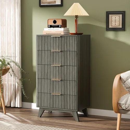 Miniatura 6 de VINGLI Cómoda alta acanalada con 5 cajones, cómoda de 23.66 pulgadas de ancho, cómoda de madera gris con bordes redondeados, aparadores grises