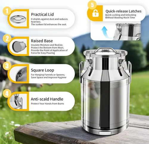 Miniatura 5 de Lata de leche de acero inoxidable de 30L/7.9 galones con tapa, cubo de leche resistente con mango ergonómico y tapa hermética, recipiente sólido