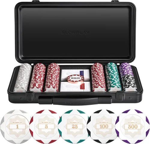 Miniatura 17 de SLOWPLAY Juego de fichas de póker de 14g de arcilla para Texas Hold'em, 500 piezas, con valores numerados, estilo Art Deco, y estuche de transporte